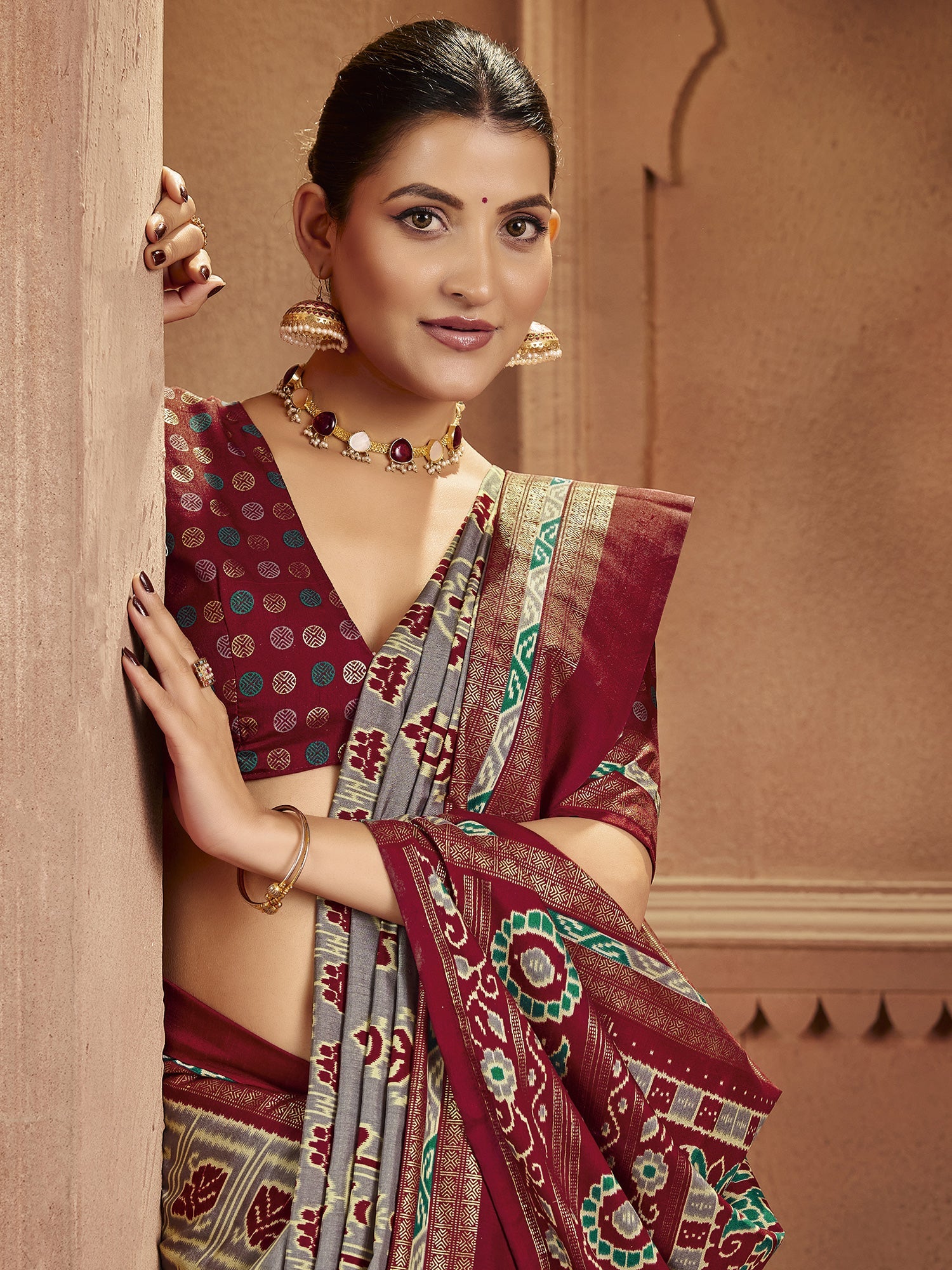 Grey & Maroon Patola Silk Saree with Ikat Weave - Ressa