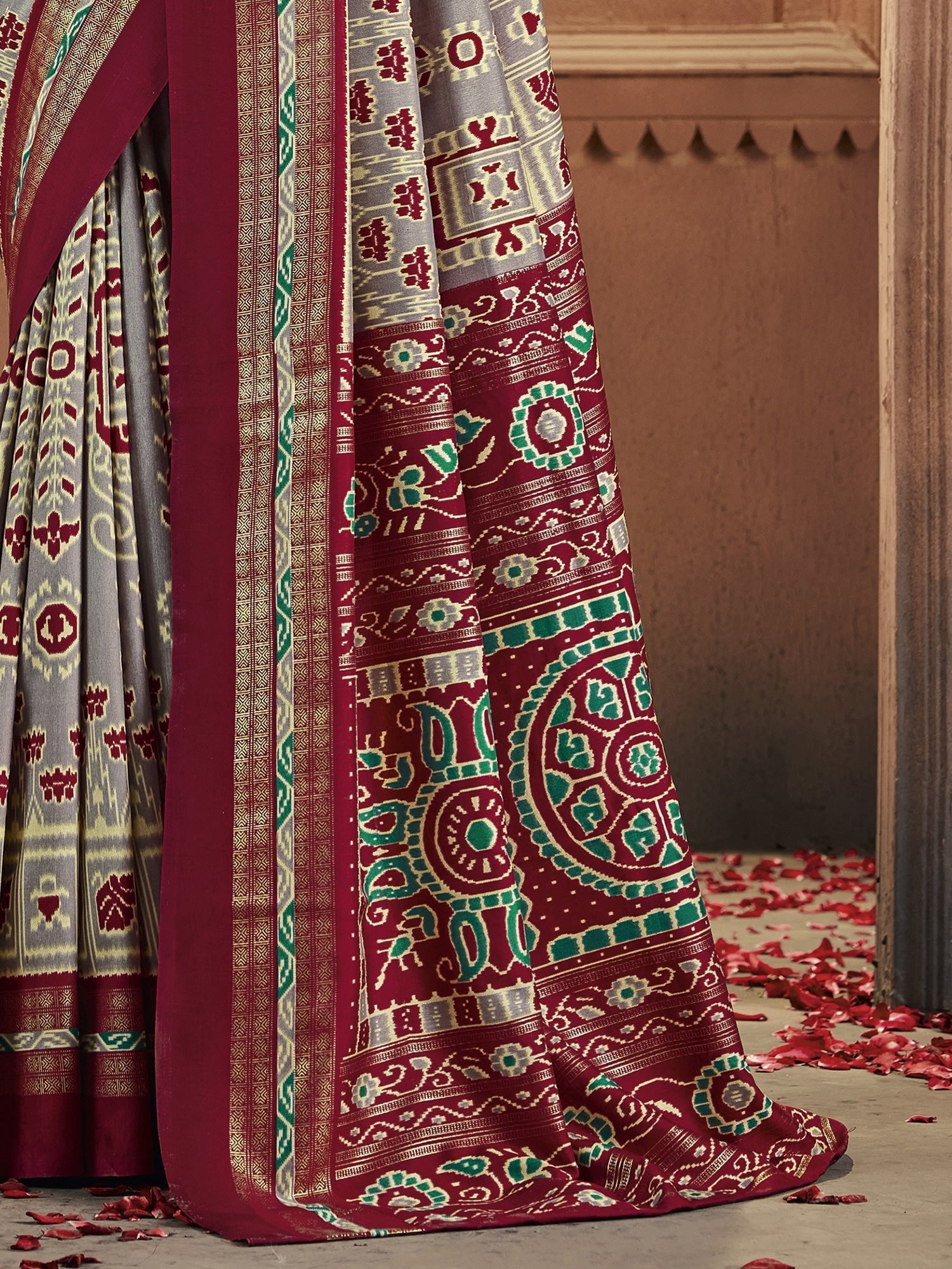 Grey & Maroon Patola Silk Saree with Ikat Weave - Ressa