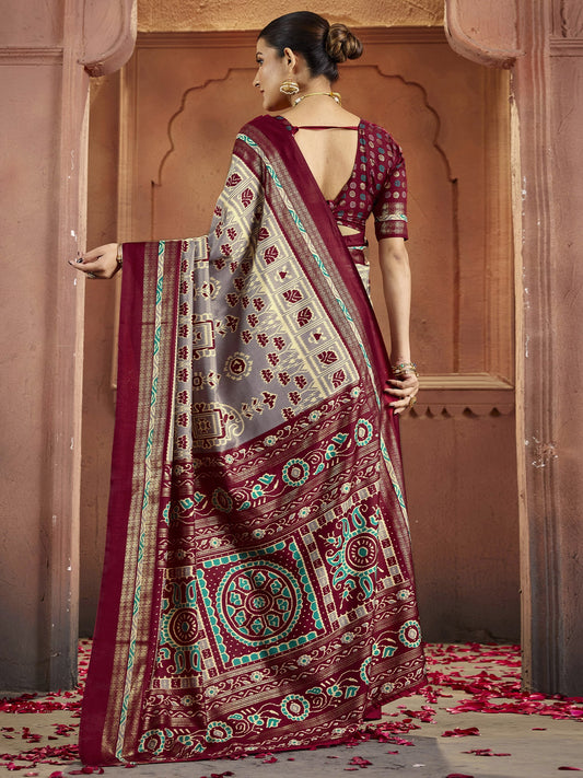 Grey & Maroon Patola Silk Saree with Ikat Weave - Ressa
