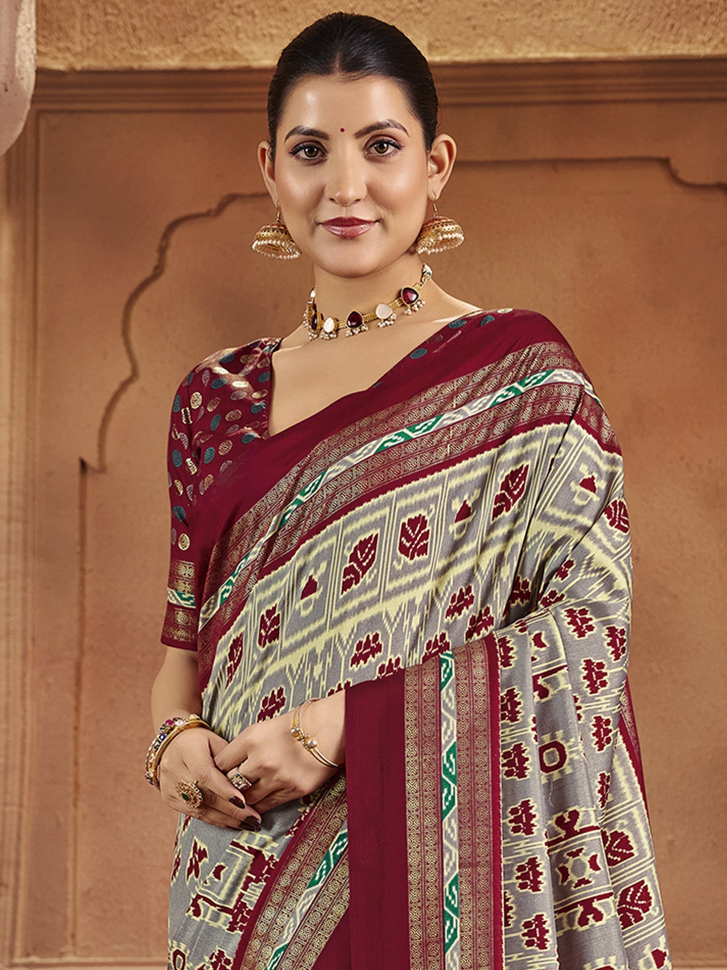 Grey & Maroon Patola Silk Saree with Ikat Weave - Ressa