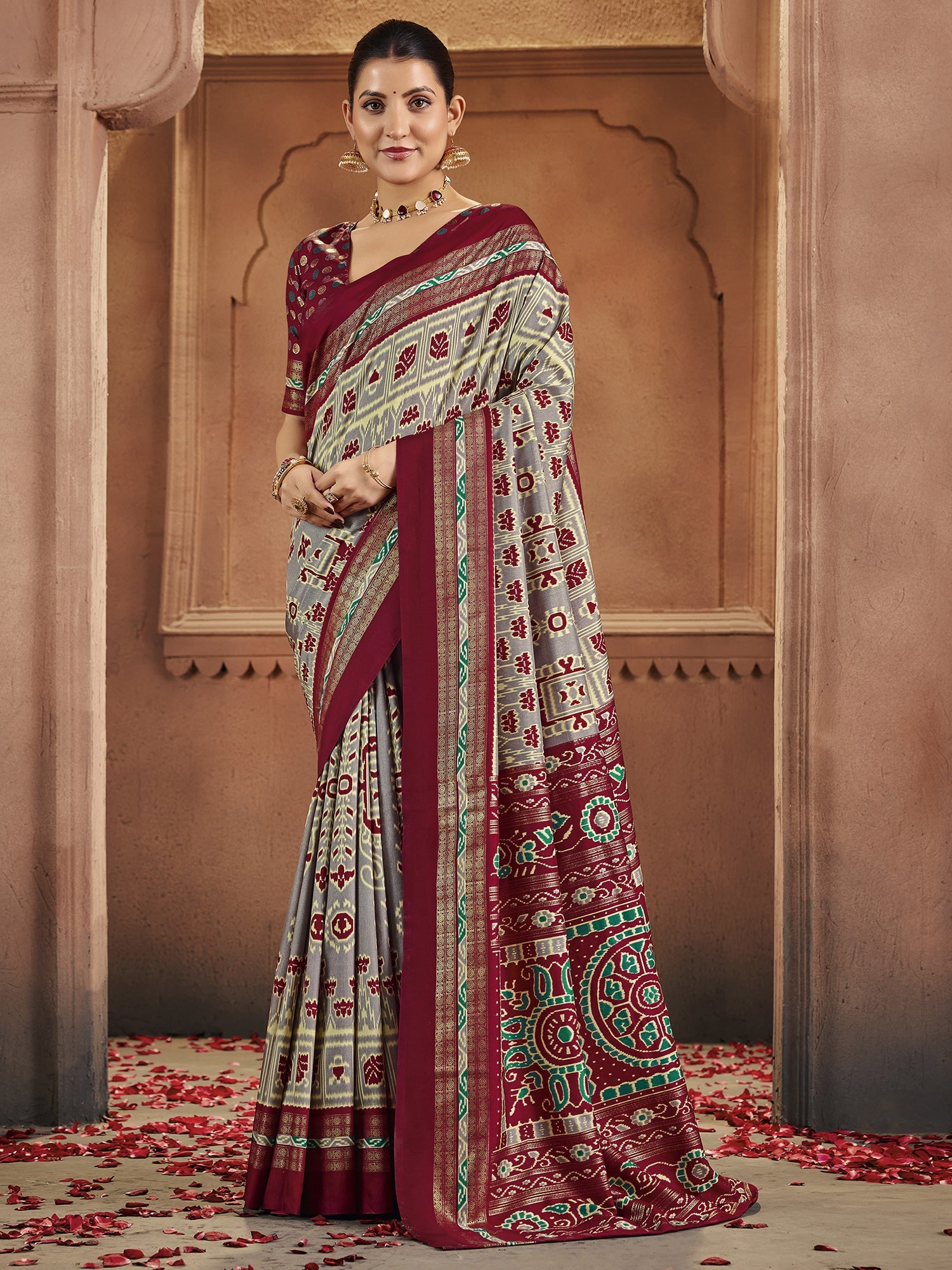 Grey & Maroon Patola Silk Saree with Ikat Weave - Ressa