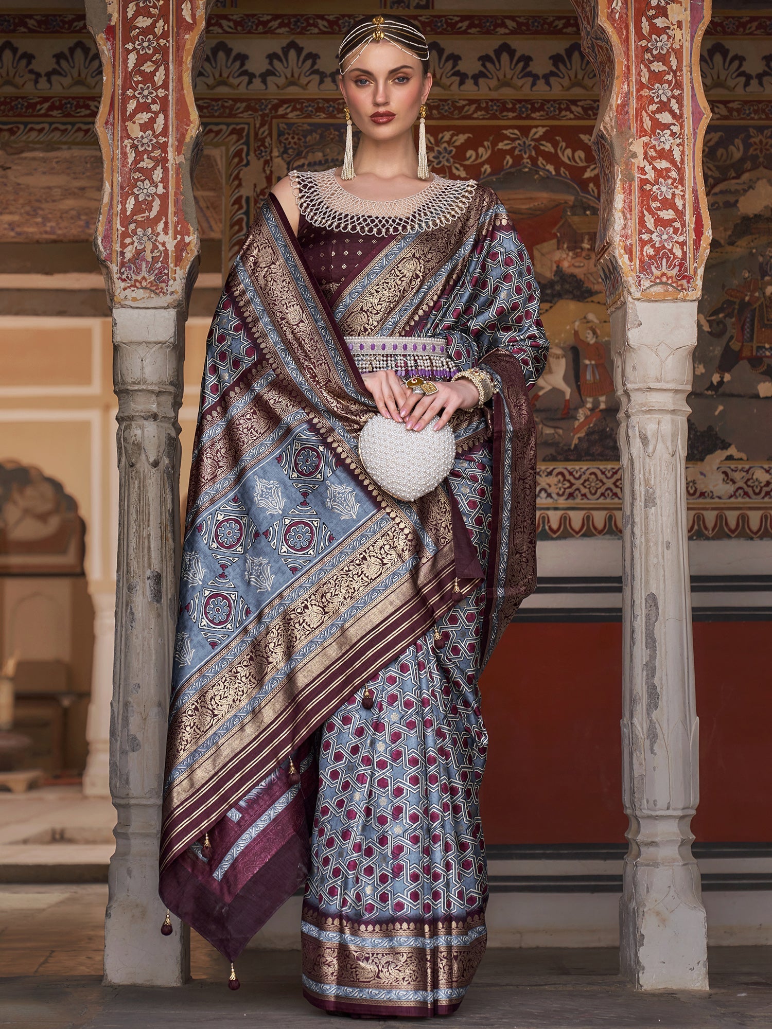 Grey & Maroon Silk Blend Saree - Ressa