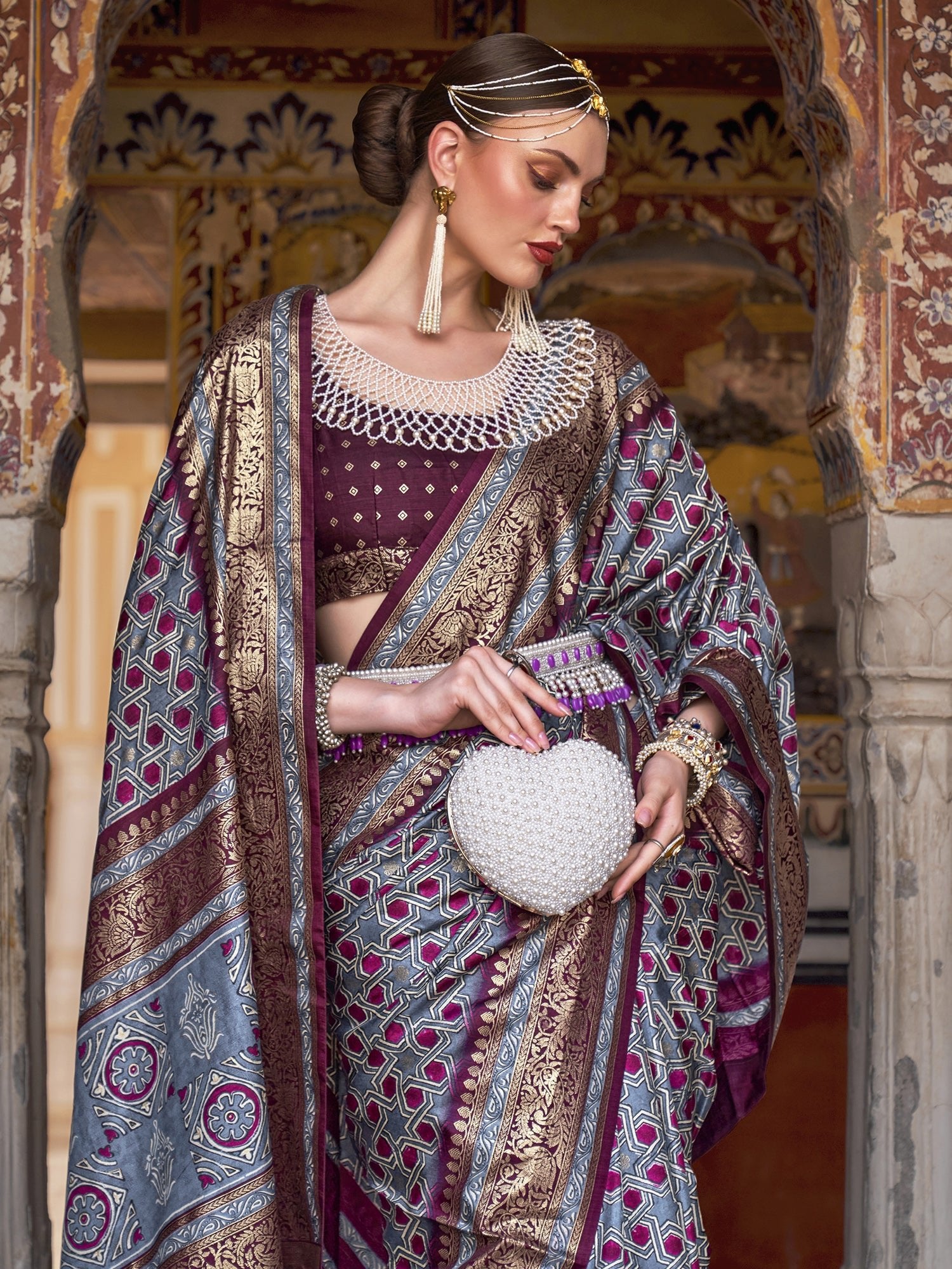 Grey & Maroon Silk Blend Saree - Ressa