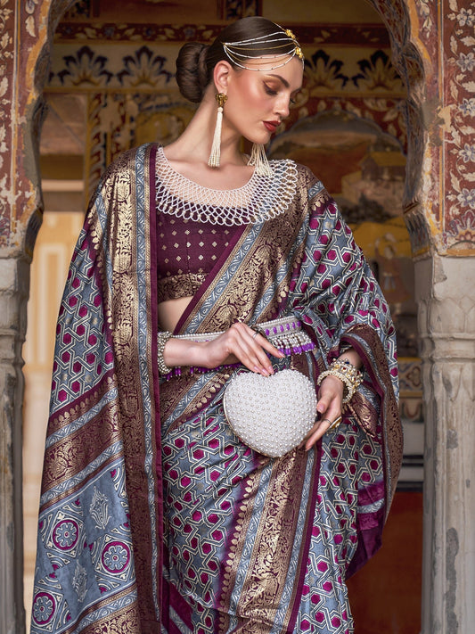 Grey & Maroon Silk Blend Saree - Ressa