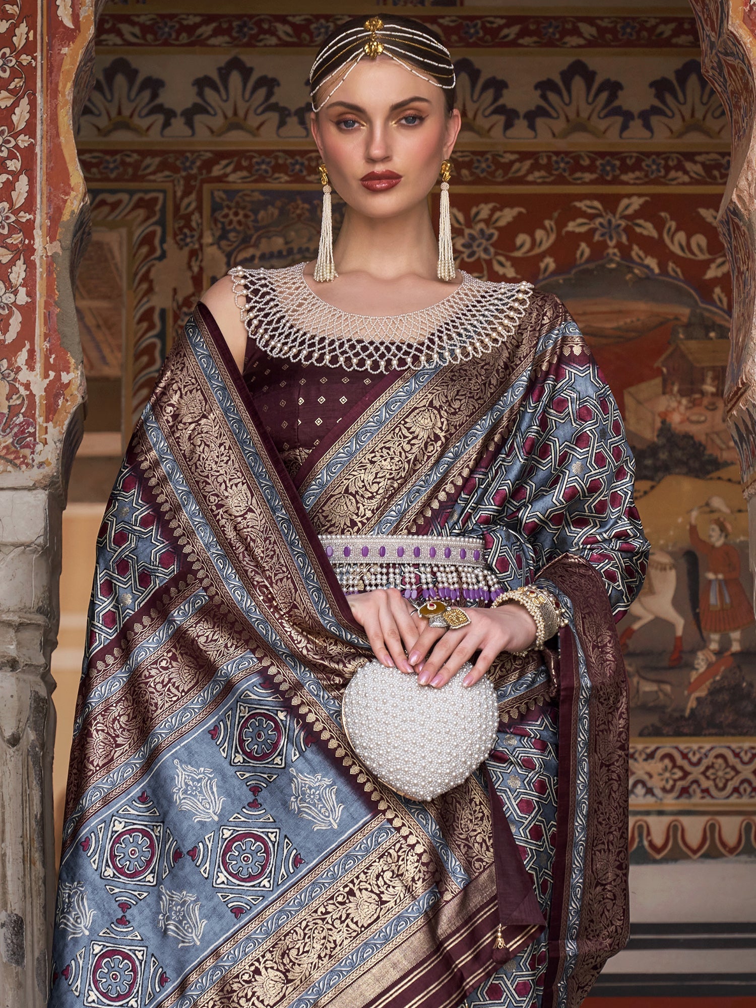 Grey & Maroon Silk Blend Saree - Ressa