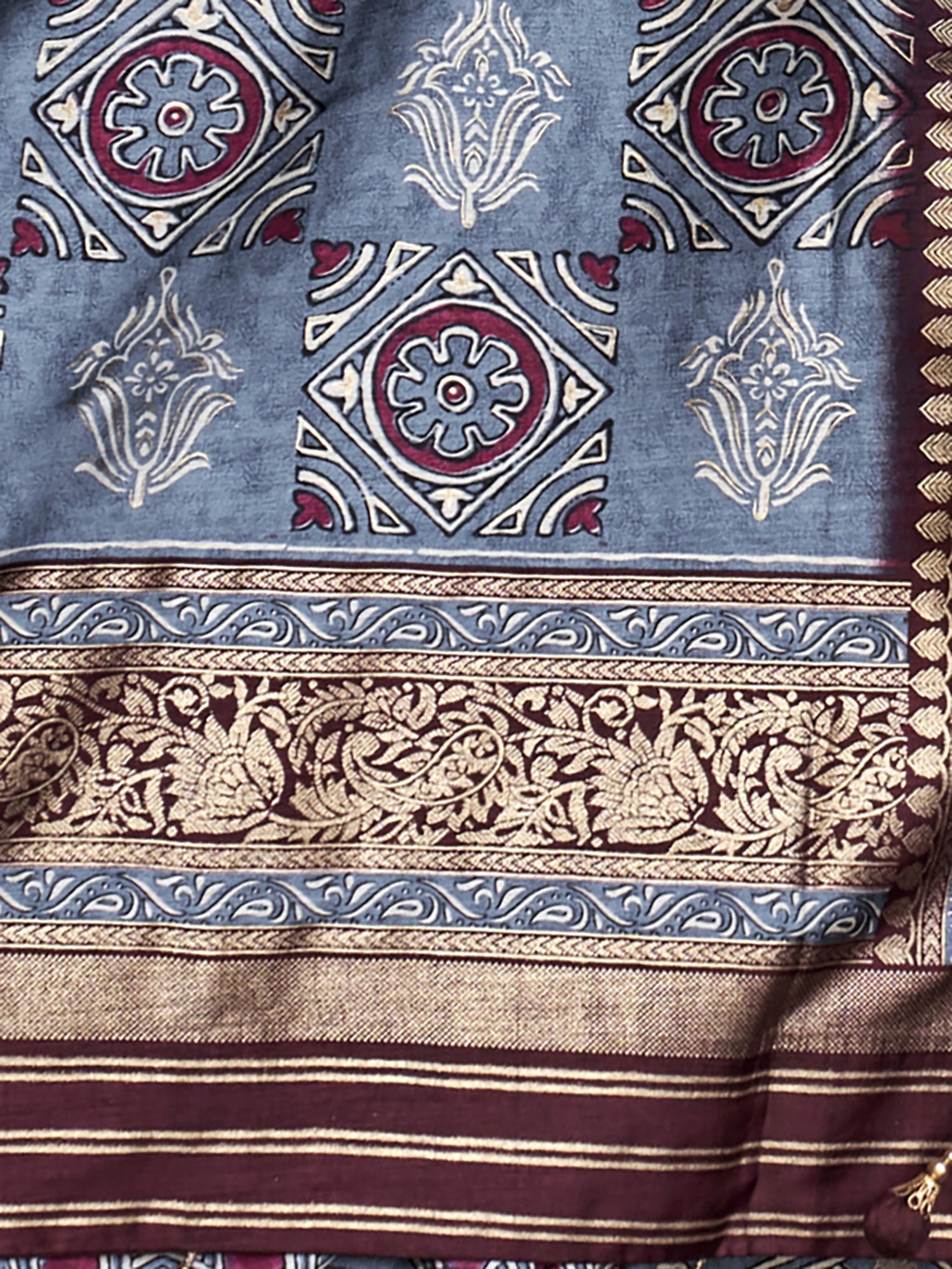 Grey & Maroon Silk Blend Saree - Ressa