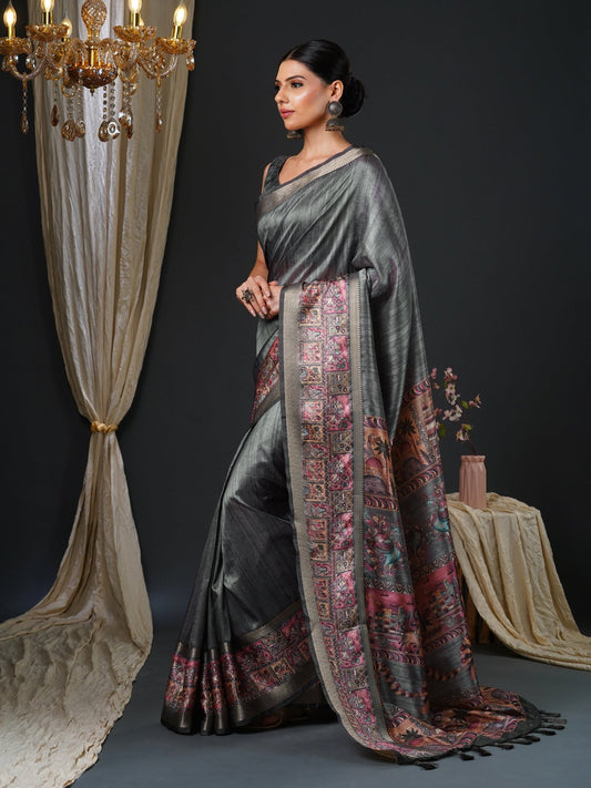 Grey & Multicolor Silk Blend Heritage Banarasi Style Saree - Ressa