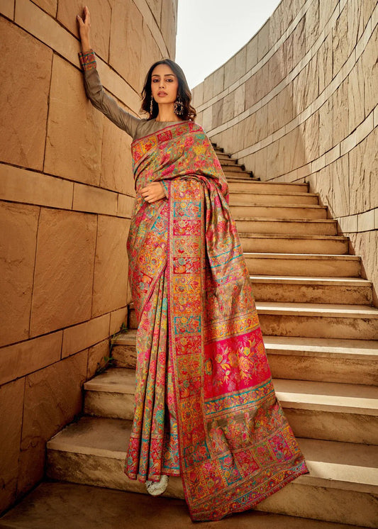 Grey & Multicolor Silk Blend Heritage Floral Saree - Ressa