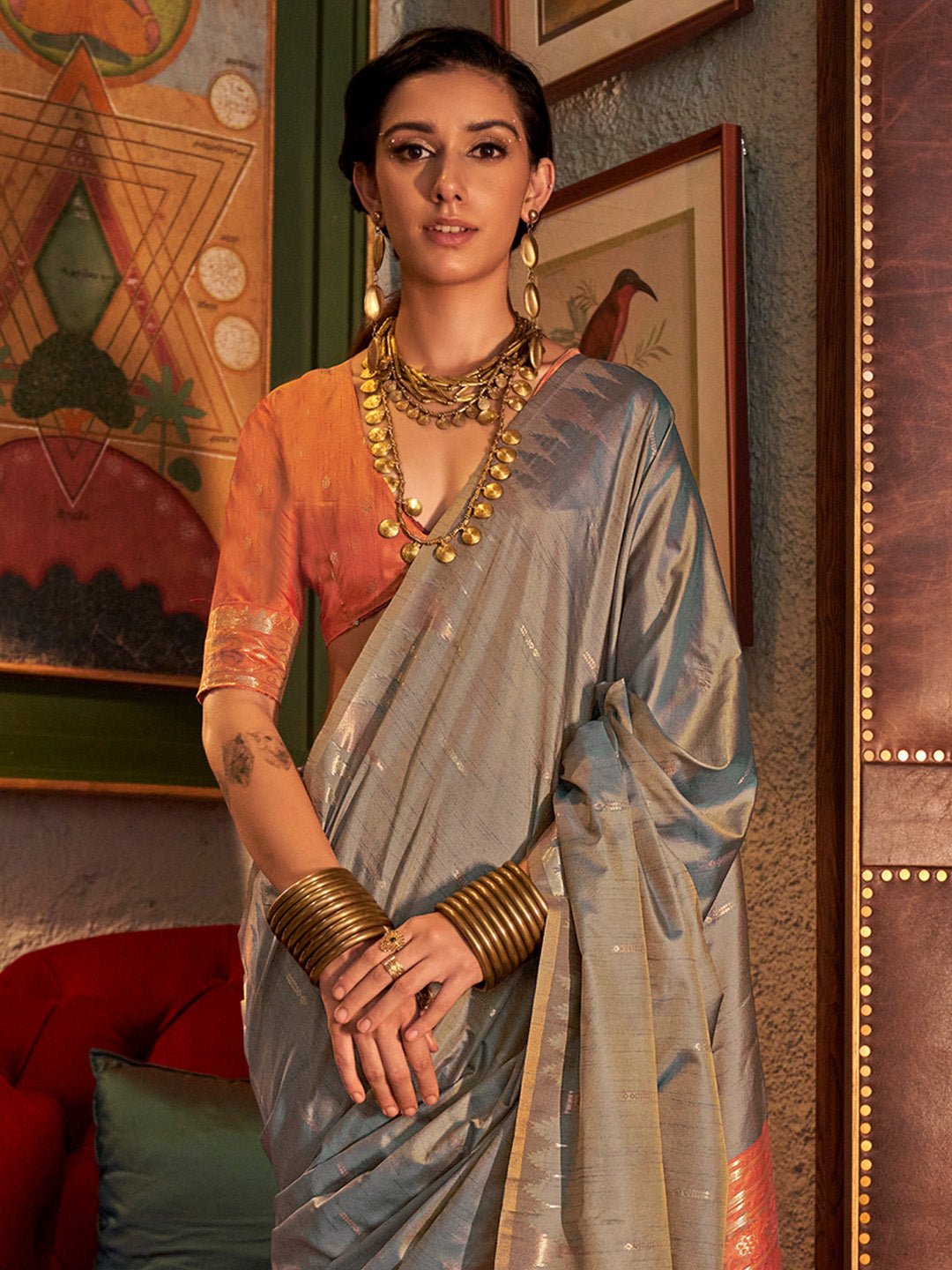Grey & Orange Silk Blend Heritage Handloom Style Zari Woven Saree - Ressa