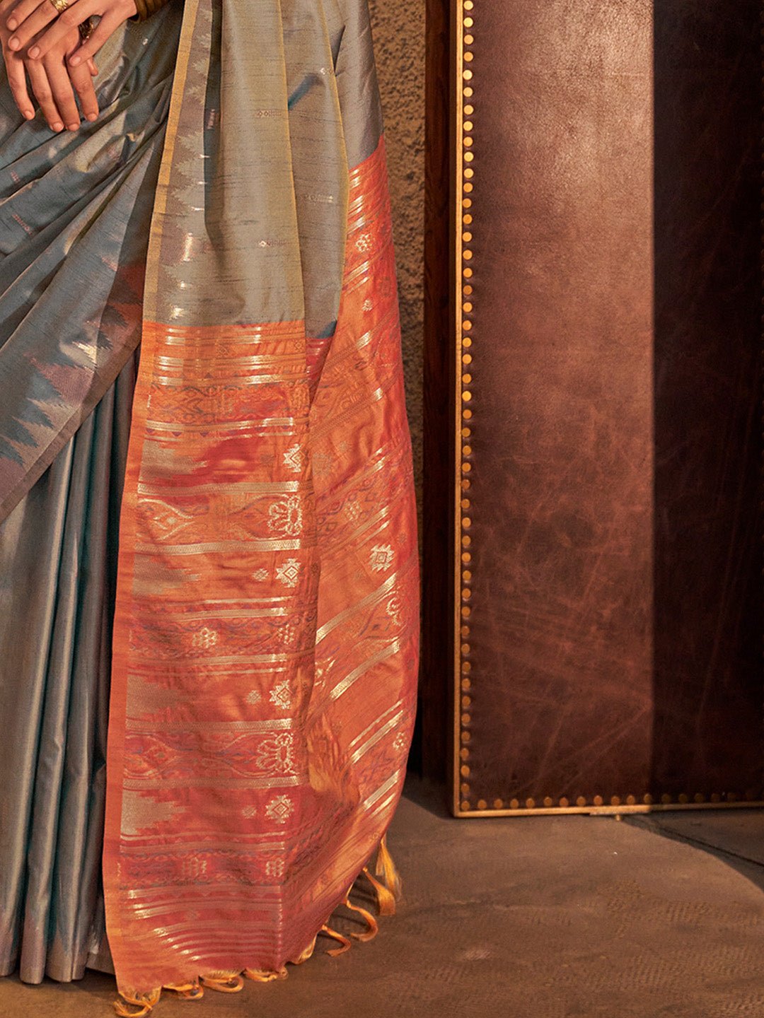 Grey & Orange Silk Blend Heritage Handloom Style Zari Woven Saree - Ressa