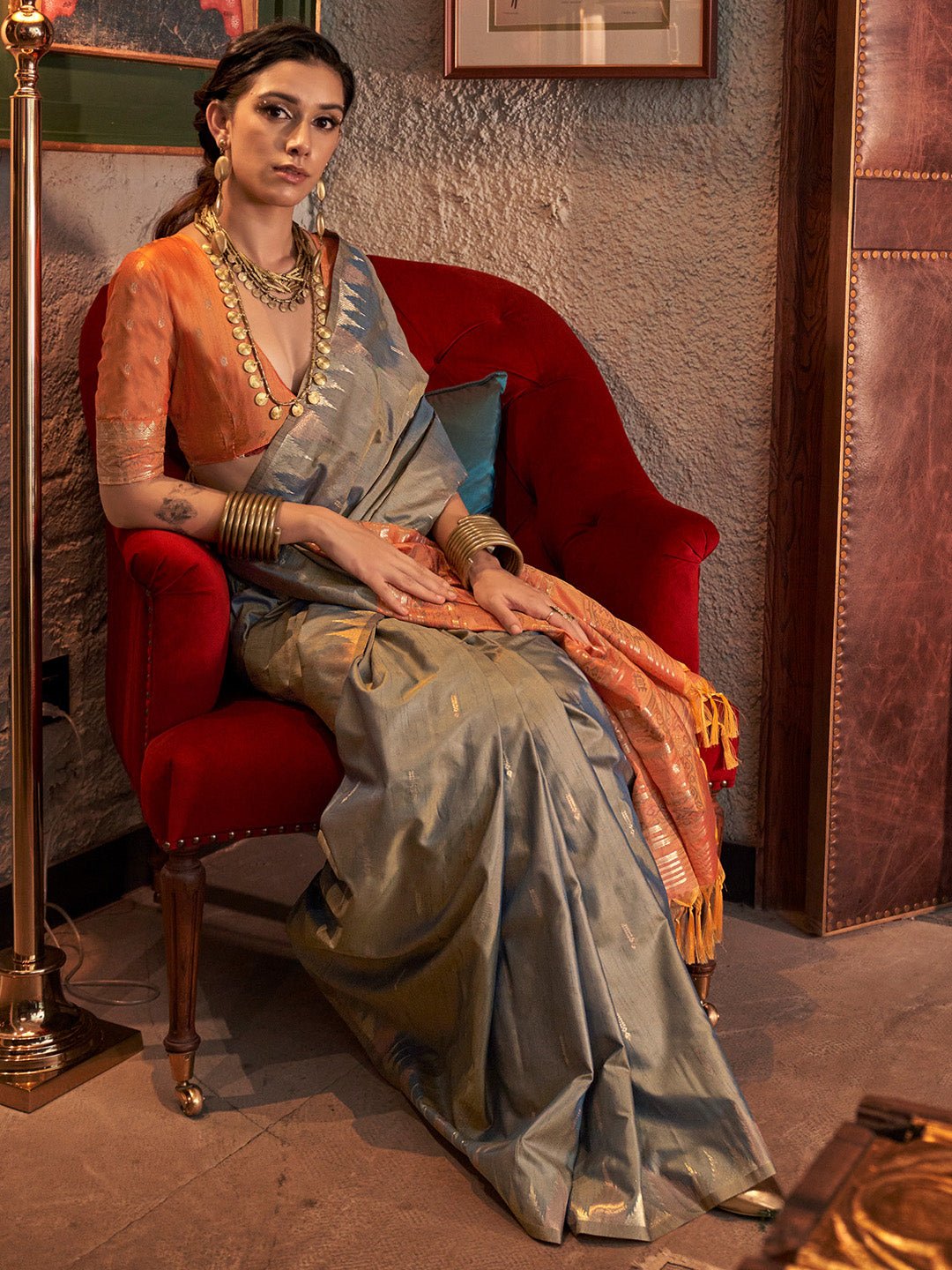 Grey & Orange Silk Blend Heritage Handloom Style Zari Woven Saree - Ressa