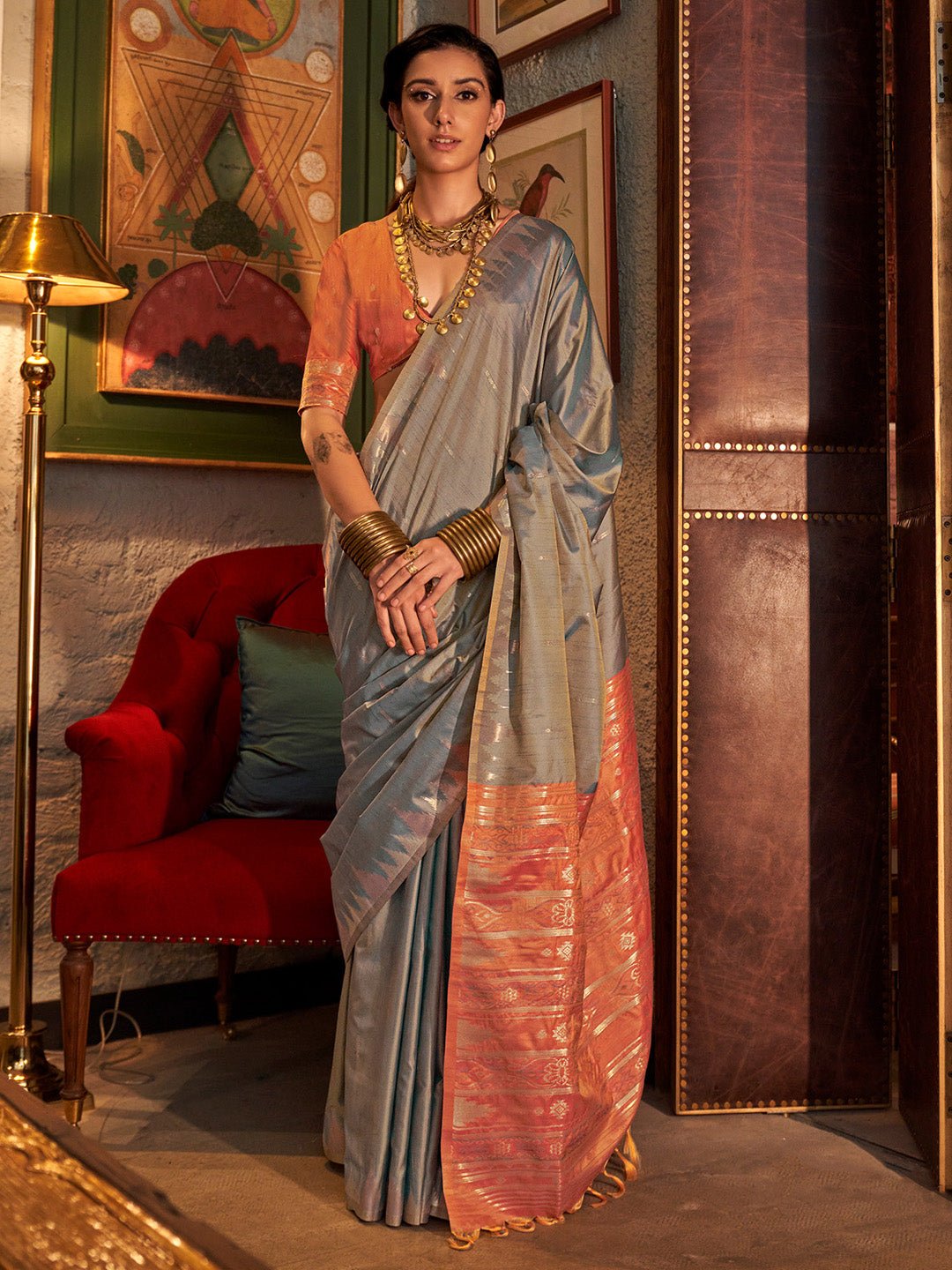 Grey & Orange Silk Blend Heritage Handloom Style Zari Woven Saree - Ressa