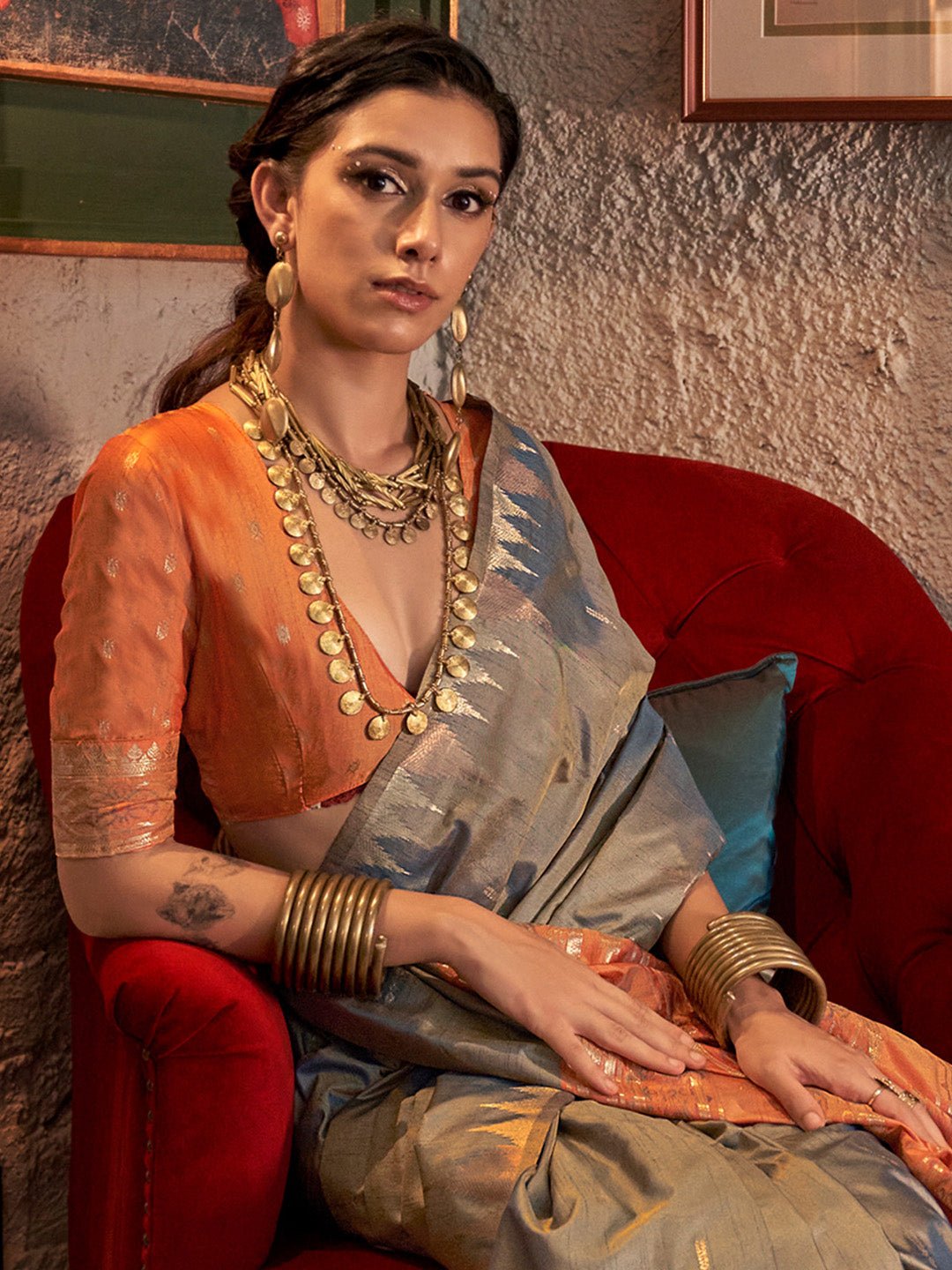 Grey & Orange Silk Blend Heritage Handloom Style Zari Woven Saree - Ressa