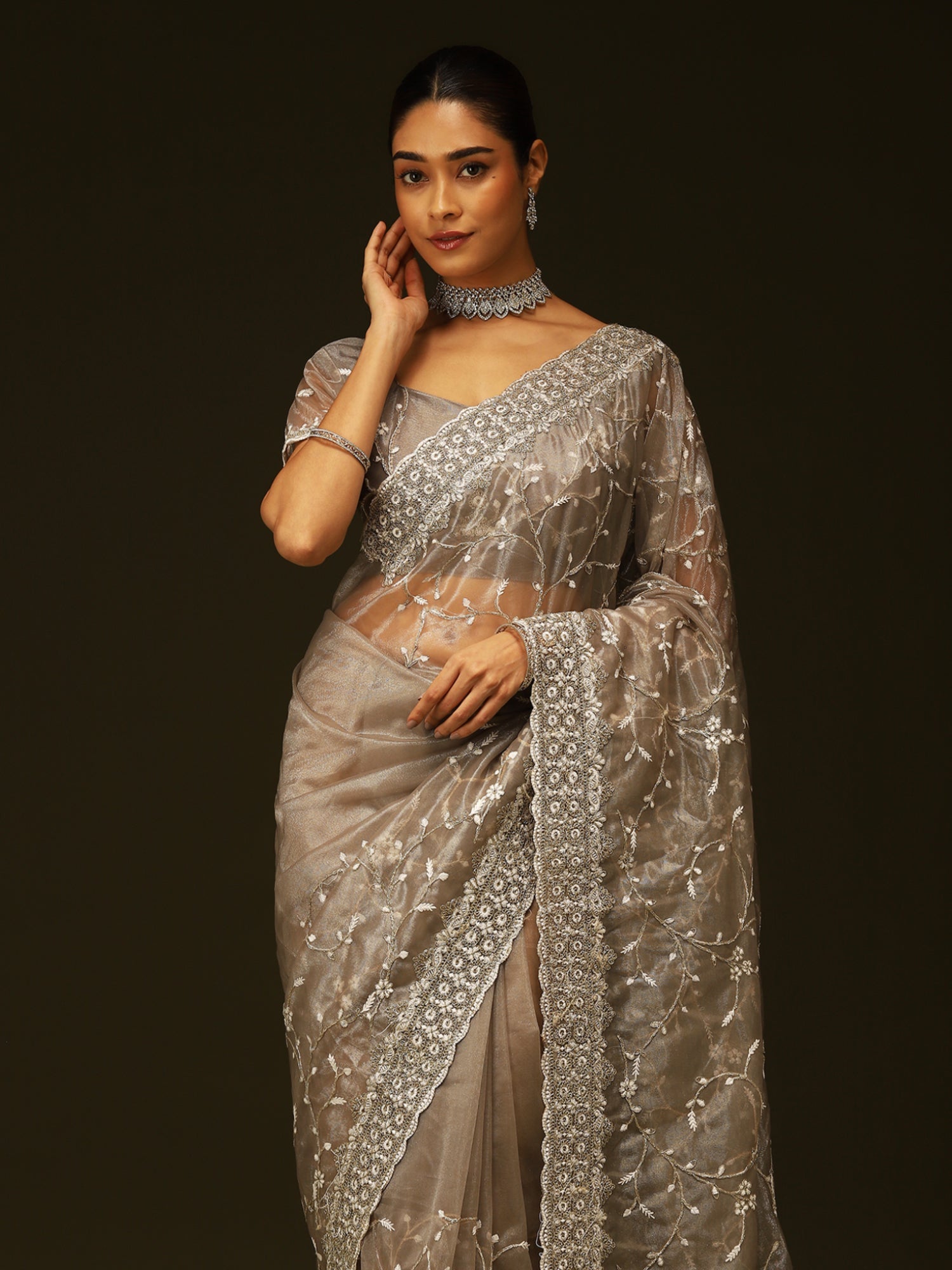 Grey Organza Embroidered Saree with Blouse - Ressa
