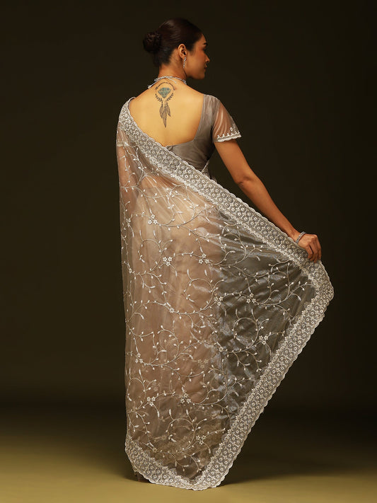 Grey Organza Embroidered Saree with Blouse - Ressa