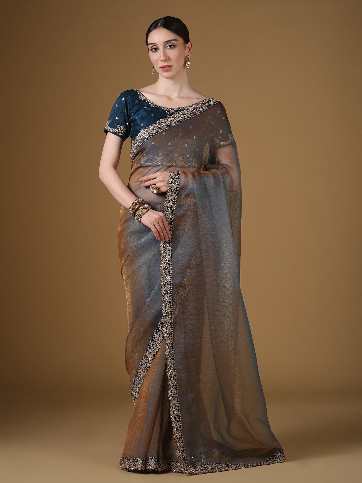 Grey Organza Saree with Teal Embroidered Blouse | GOPI6201 - Ressa
