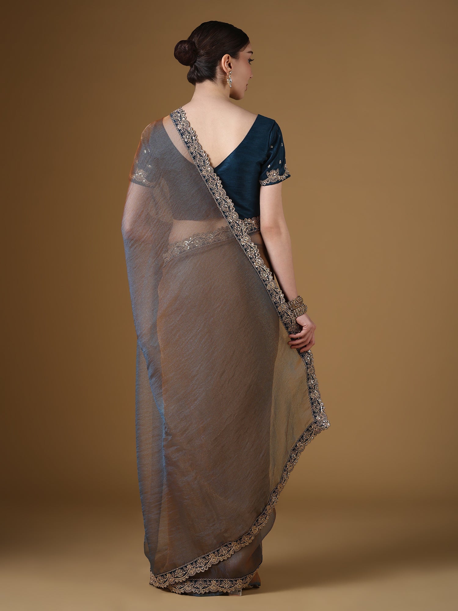 Grey Organza Saree with Teal Embroidered Blouse | GOPI6201 - Ressa