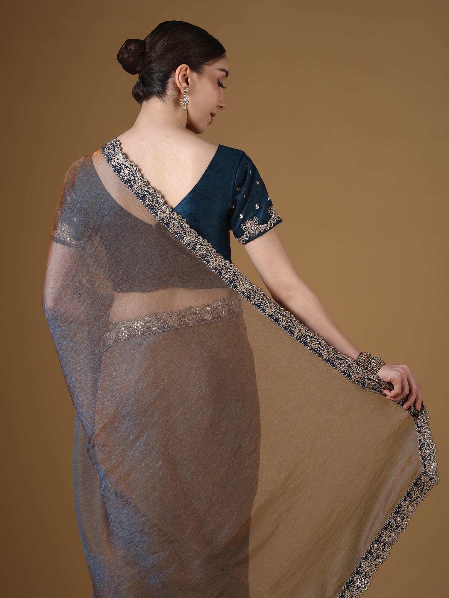 Grey Organza Saree with Teal Embroidered Blouse | GOPI6201 - Ressa