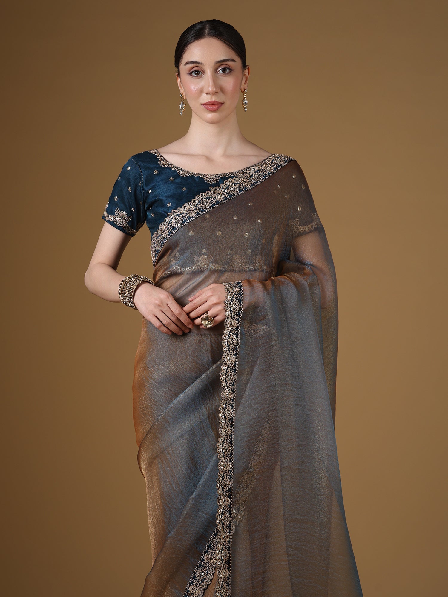 Grey Organza Saree with Teal Embroidered Blouse | GOPI6201 - Ressa