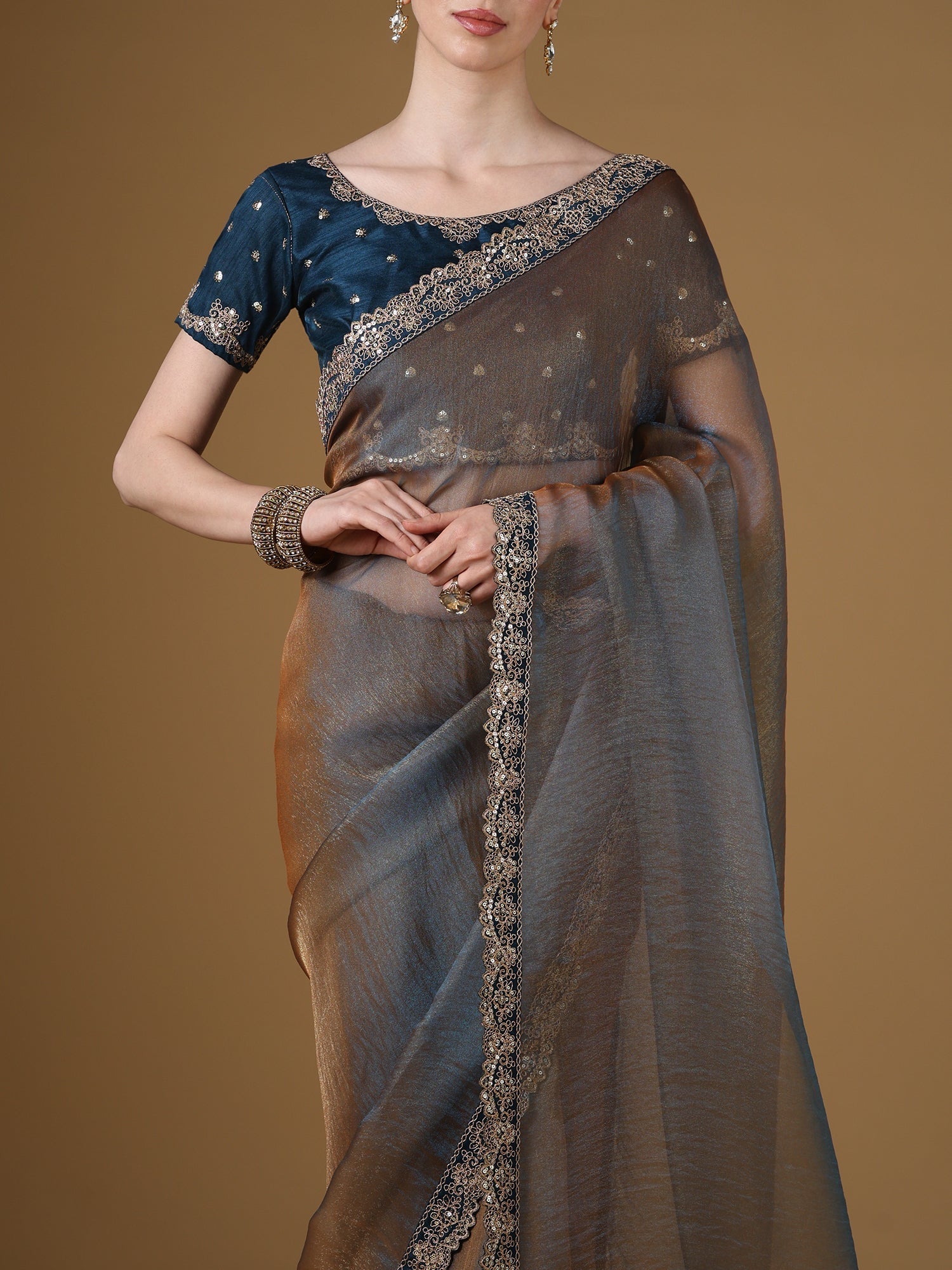 Grey Organza Saree with Teal Embroidered Blouse | GOPI6201 - Ressa