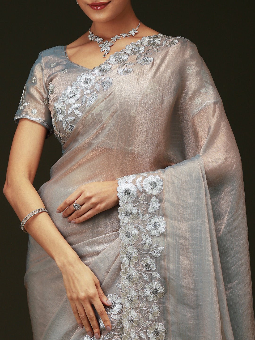 Grey Satin Beads and Stones Border Saree - Ressa