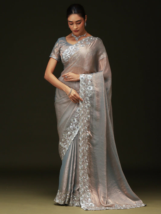 Grey Satin Beads and Stones Border Saree - Ressa