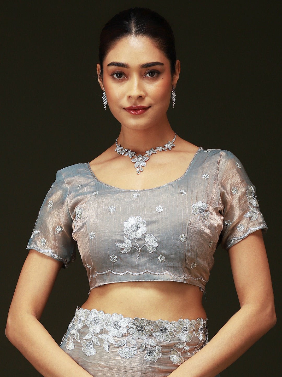 Grey Satin Beads and Stones Border Saree - Ressa