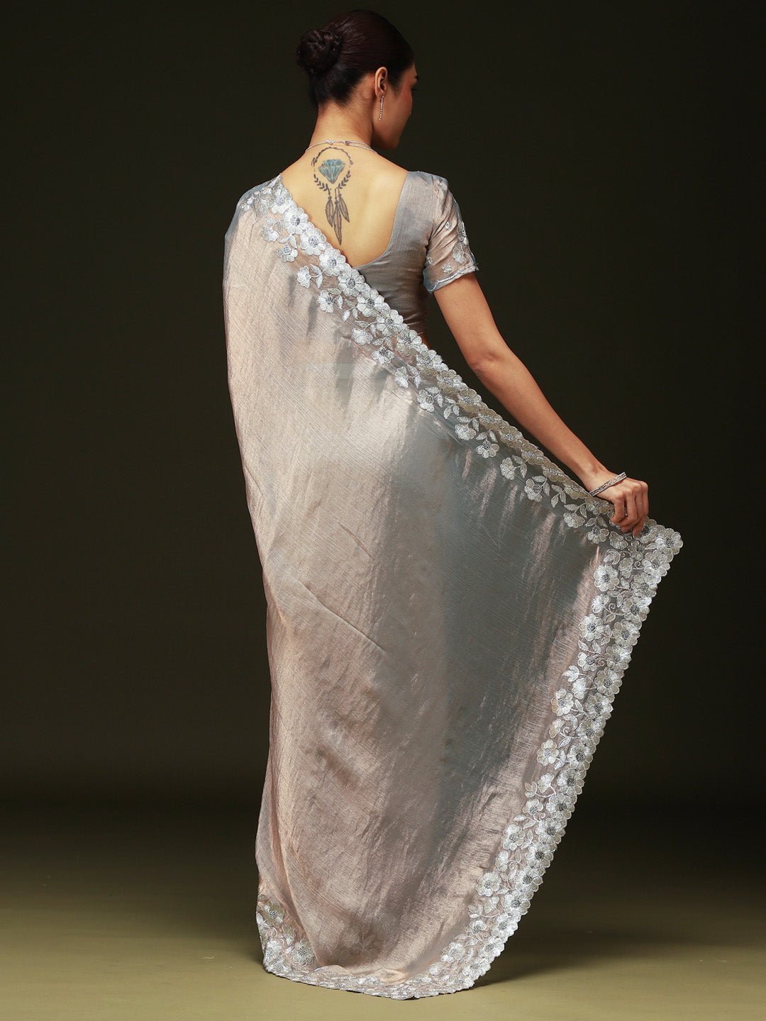 Grey Satin Beads and Stones Border Saree - Ressa