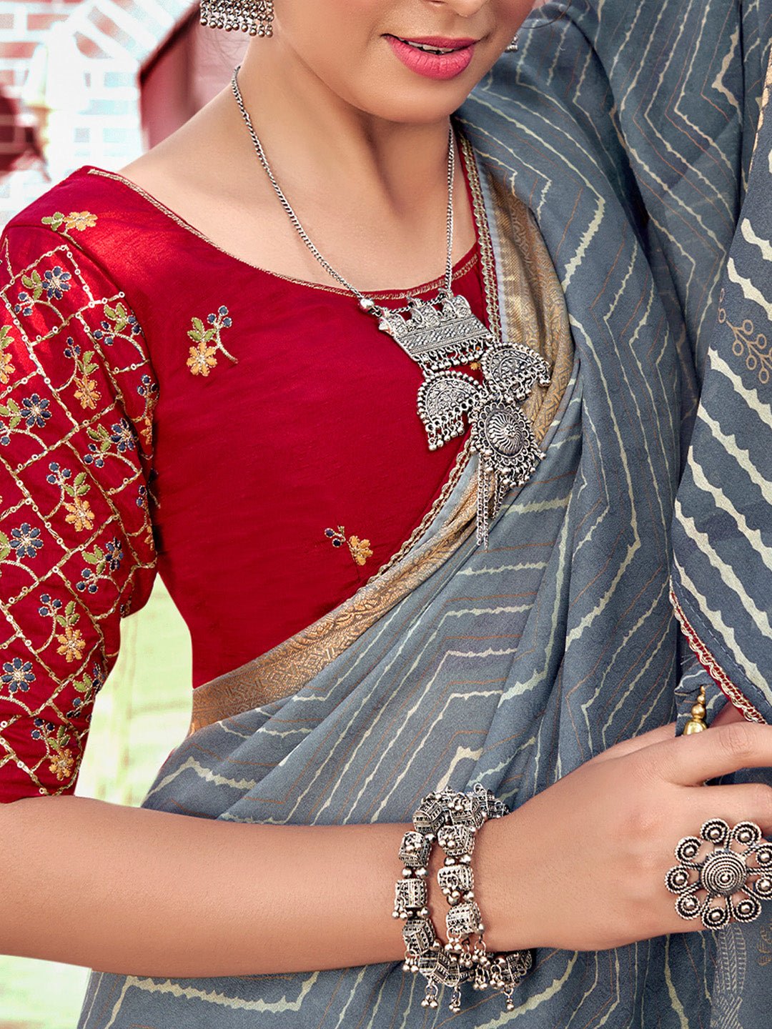 Grey Silk Blend Leheriya Print Saree - Ressa