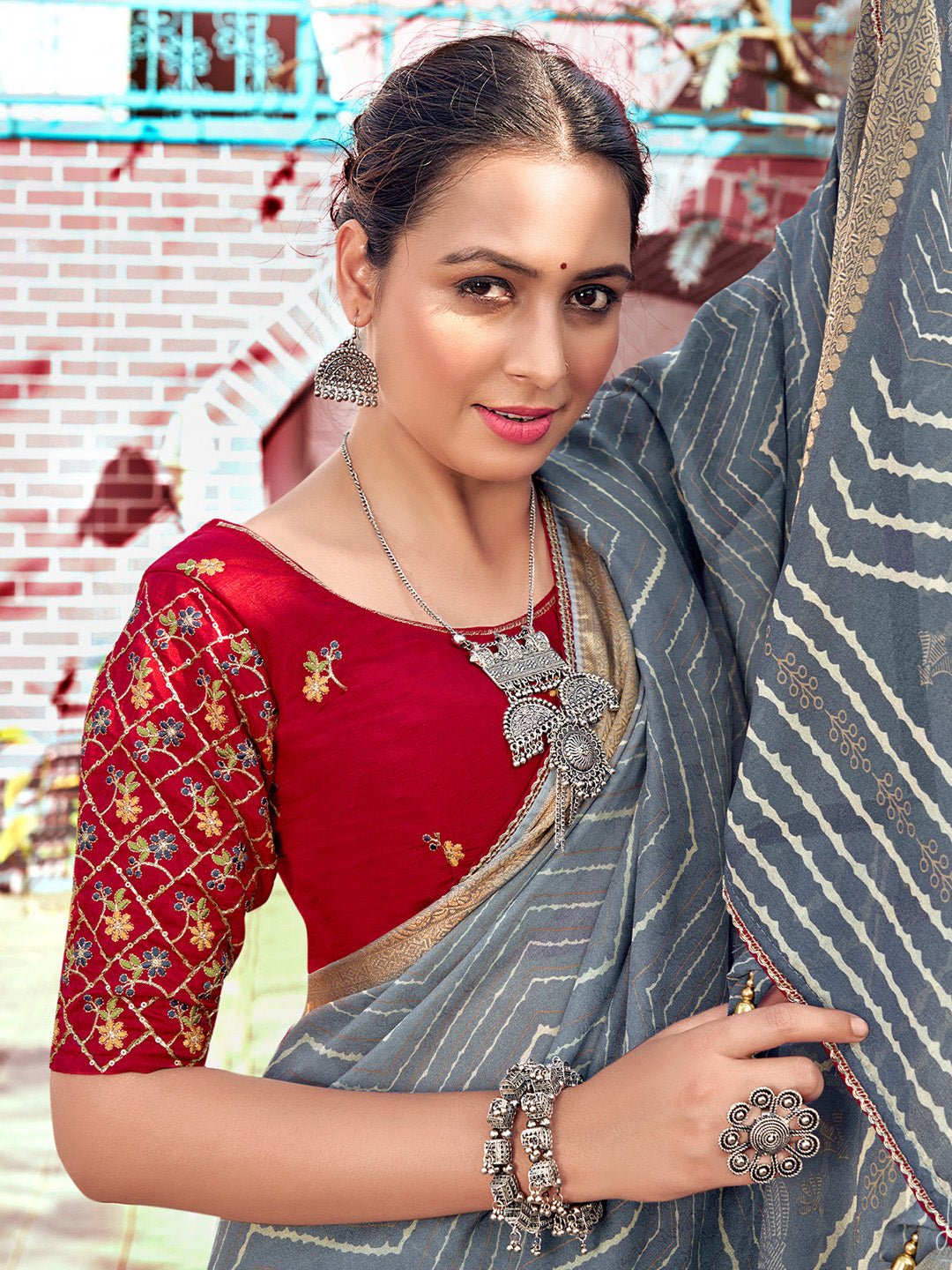 Grey Silk Blend Leheriya Print Saree - Ressa