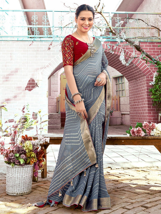 Grey Silk Blend Leheriya Print Saree - Ressa