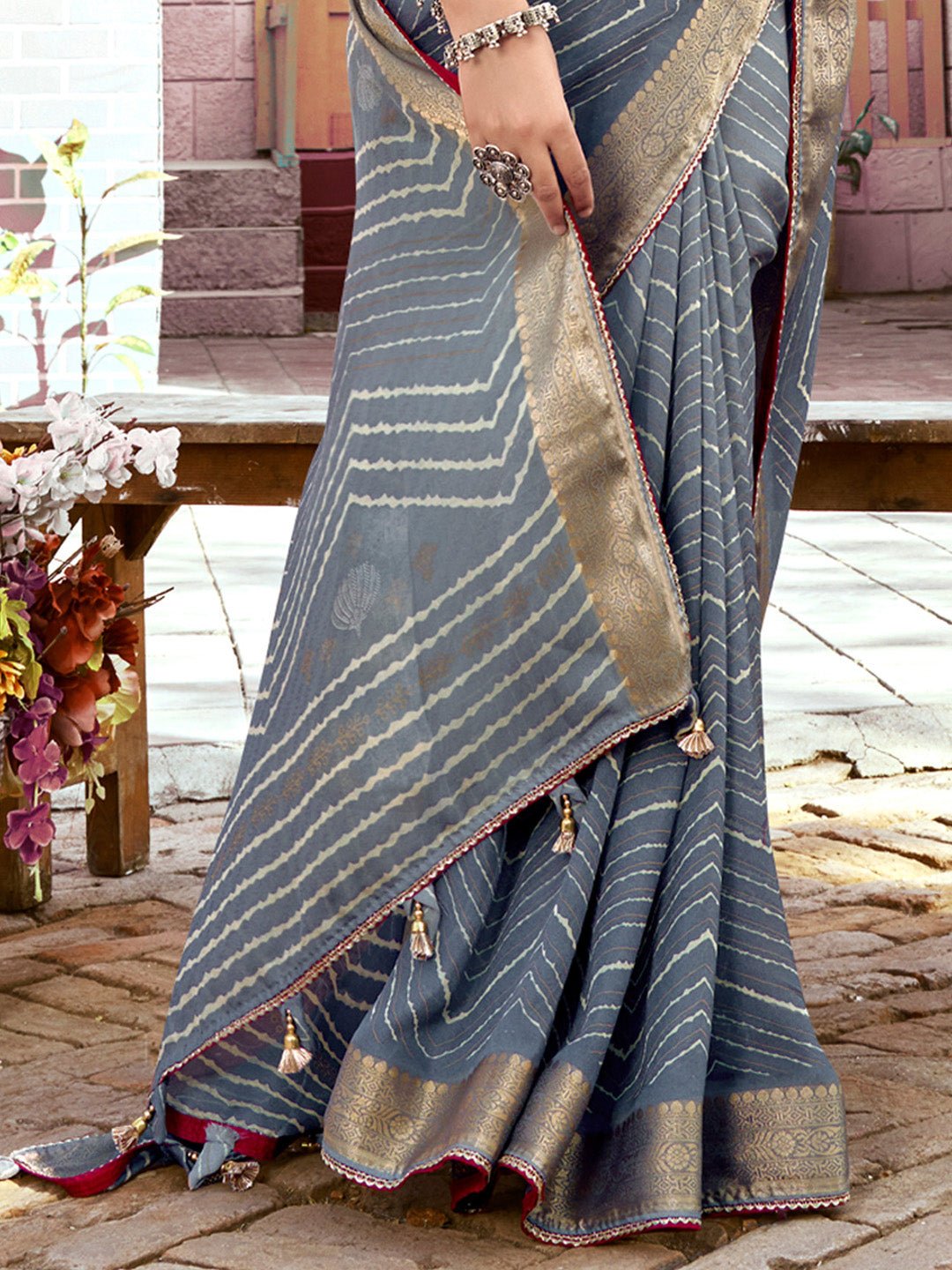 Grey Silk Blend Leheriya Print Saree - Ressa