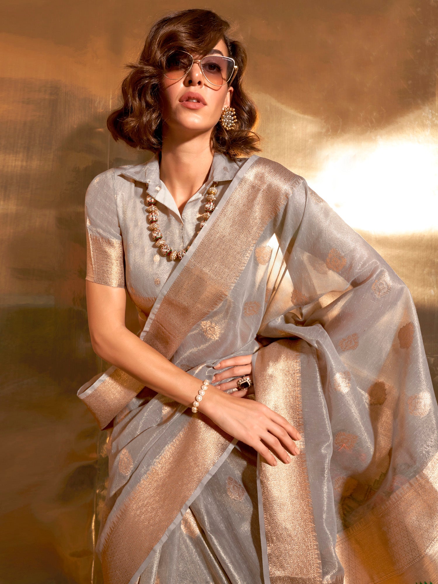 Grey Silk Blend Zari Weaving Saree - Ressa