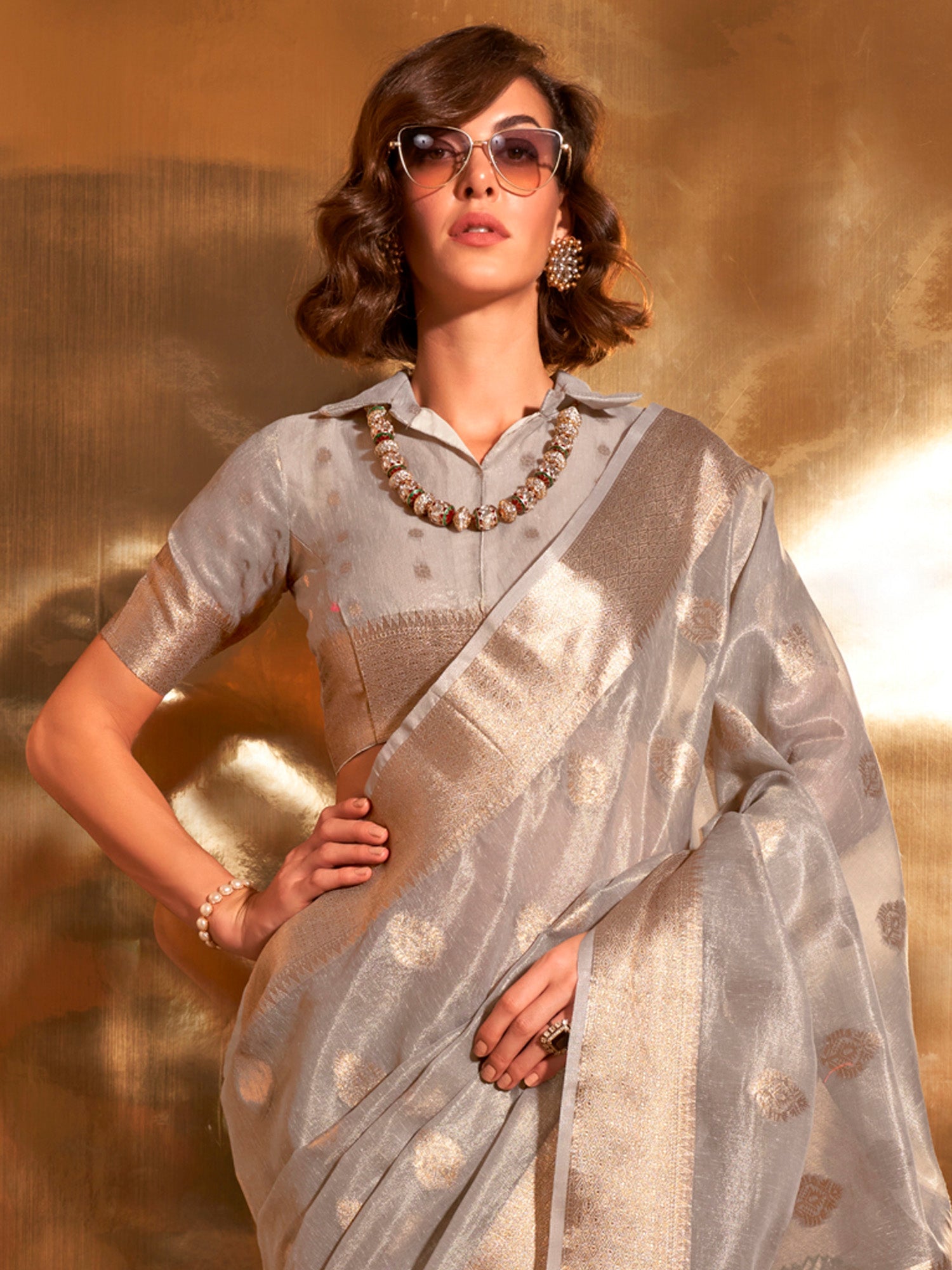 Grey Silk Blend Zari Weaving Saree - Ressa