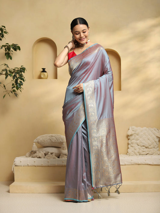 Grey & Silver Silk Blend Banarasi Style Zari Woven saree - Ressa