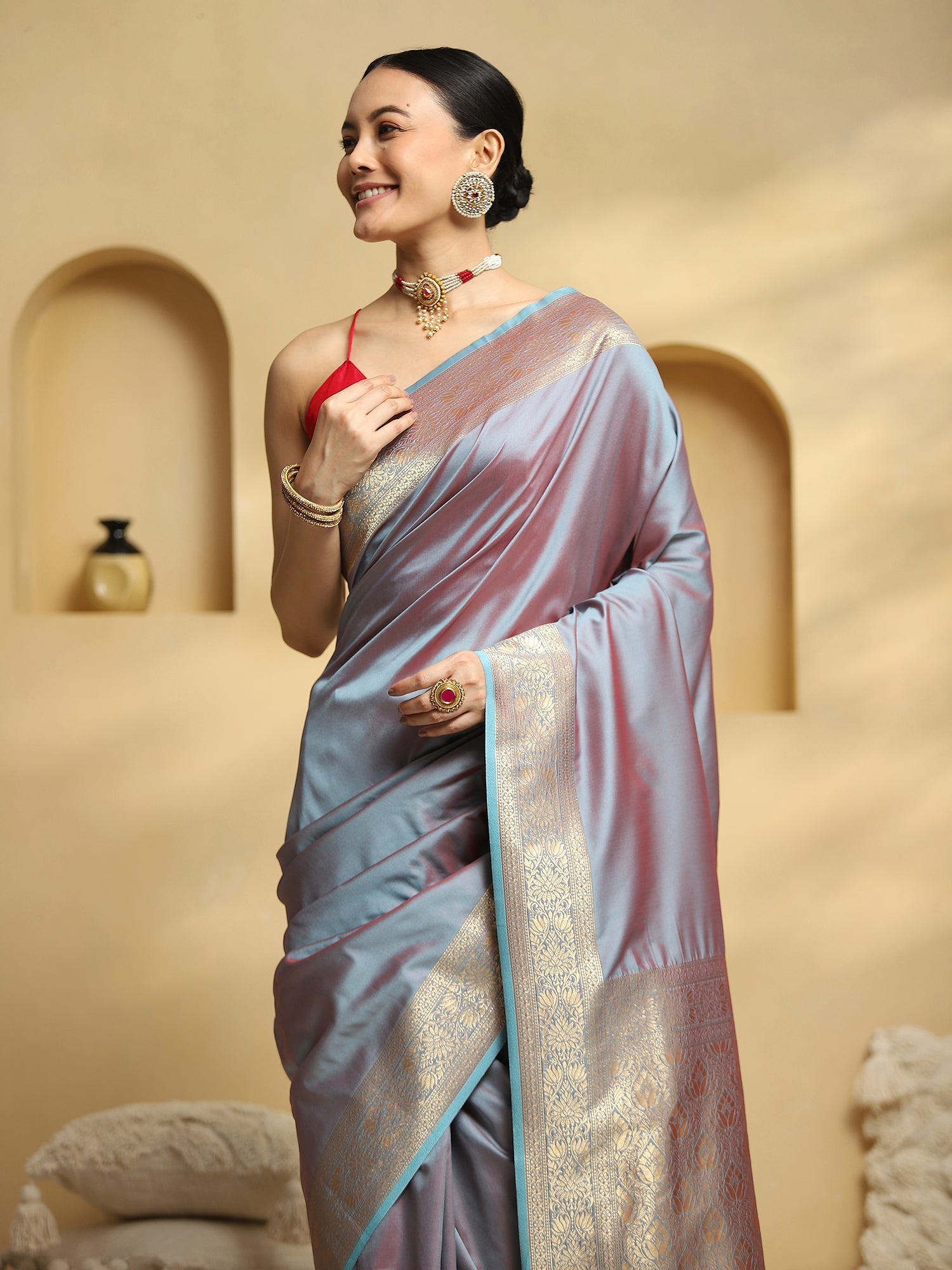 Grey & Silver Silk Blend Banarasi Style Zari Woven saree - Ressa