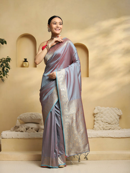 Grey & Silver Silk Blend Banarasi Style Zari Woven saree - Ressa