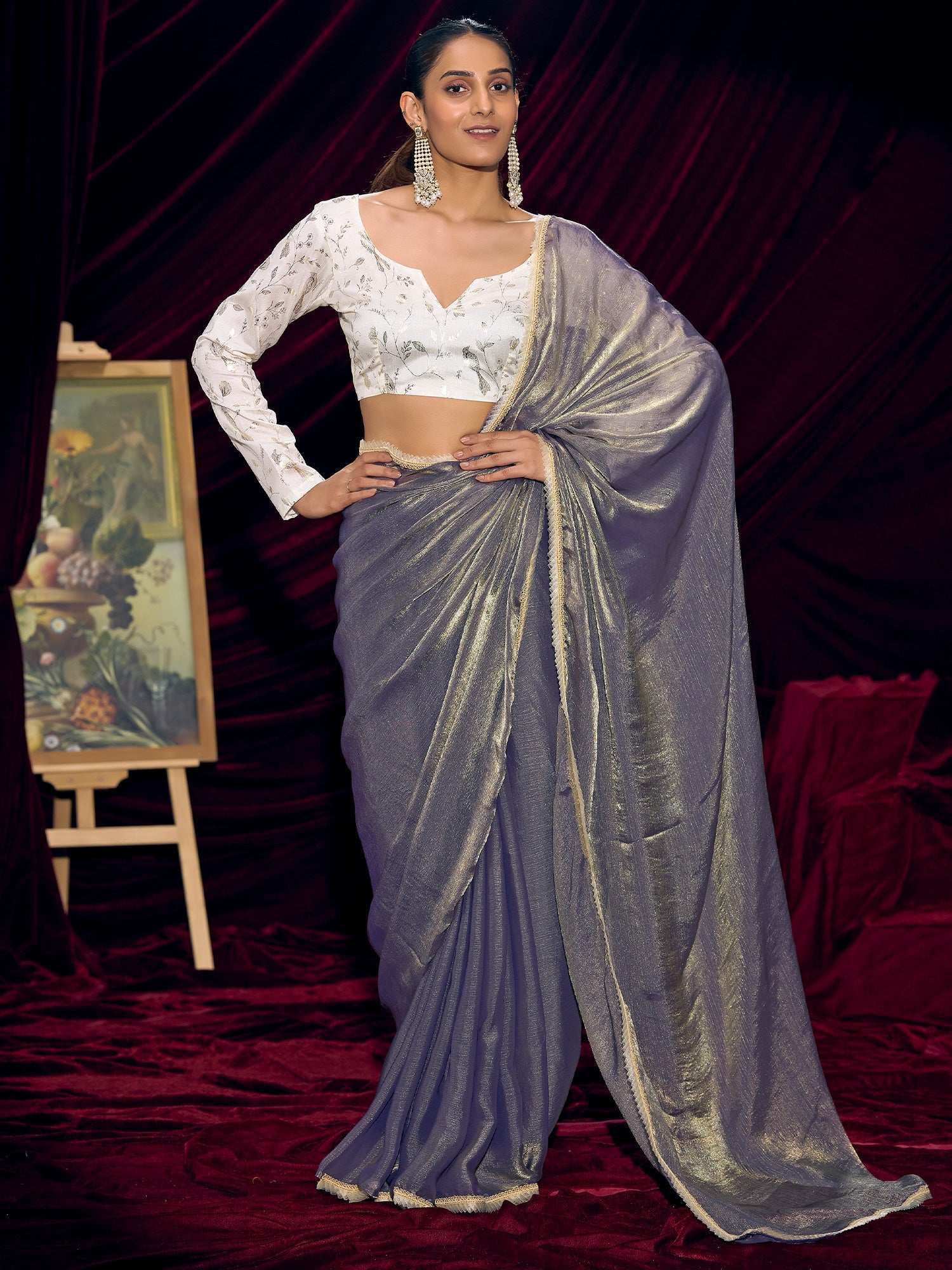 Grey Tissue Silk Saree with Embroidered Blouse - Ressa