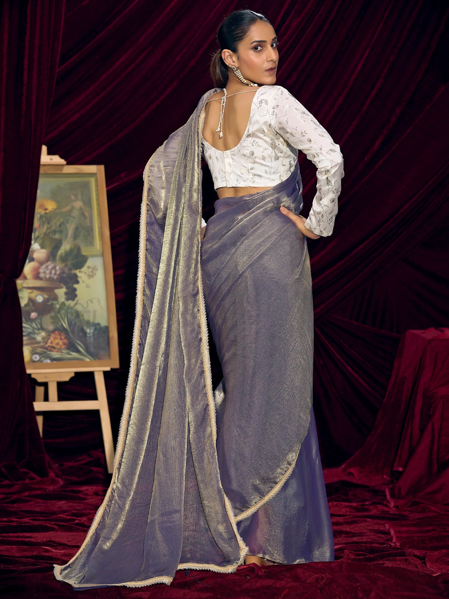Grey Tissue Silk Saree with Embroidered Blouse - Ressa