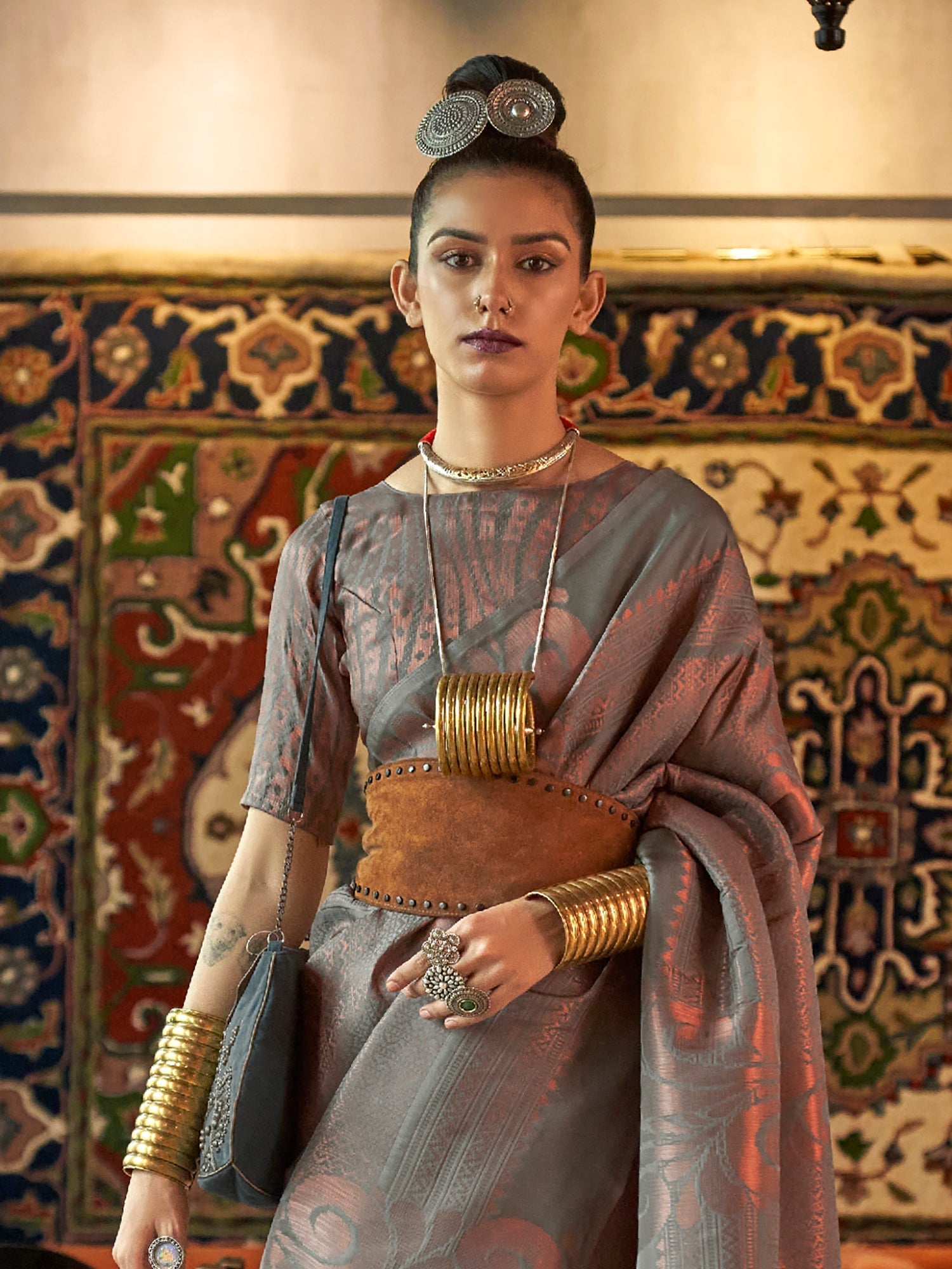 Grey Zari Kanjivaram Silk Saree - Ressa