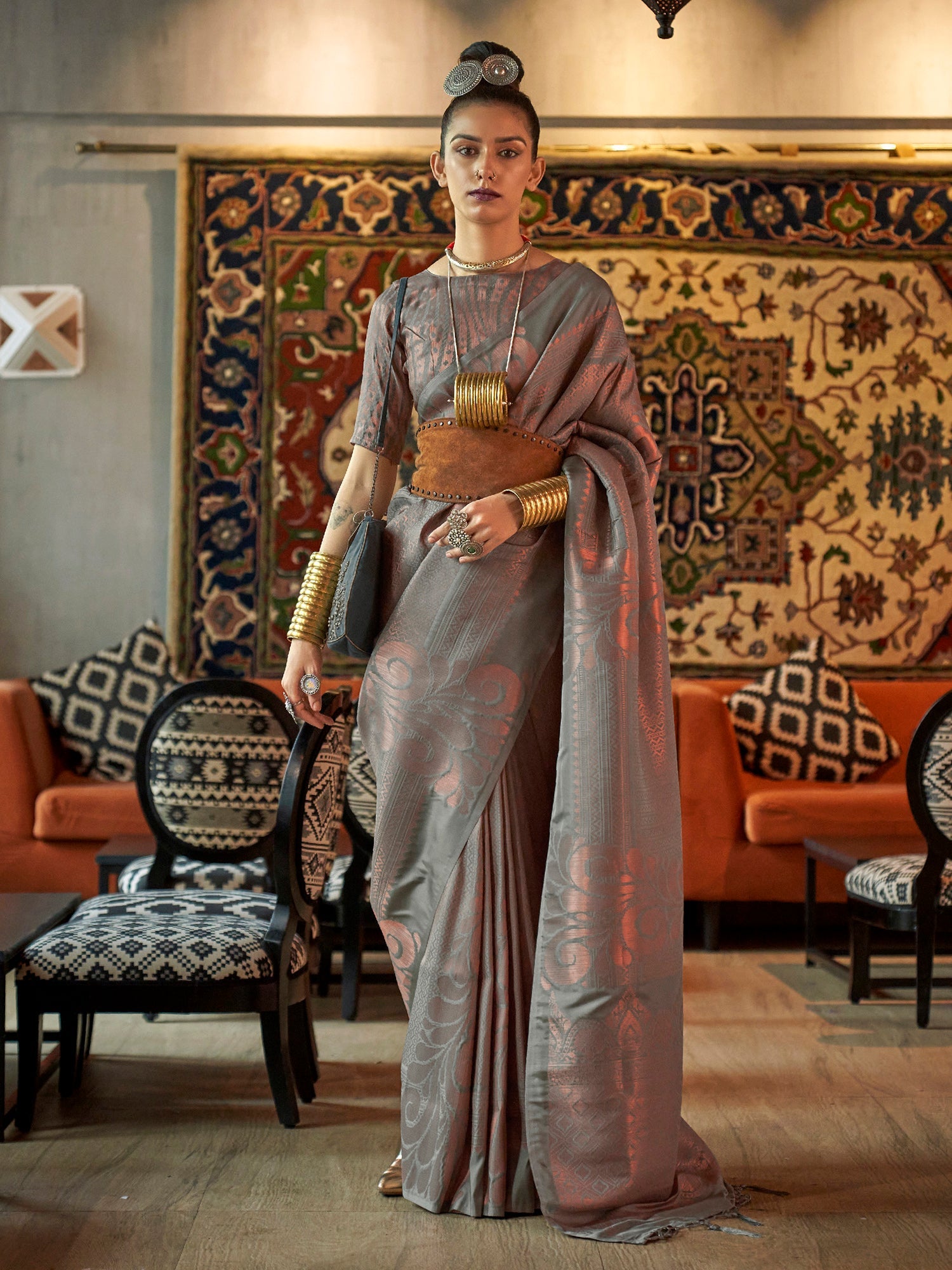 Grey Zari Kanjivaram Silk Saree - Ressa