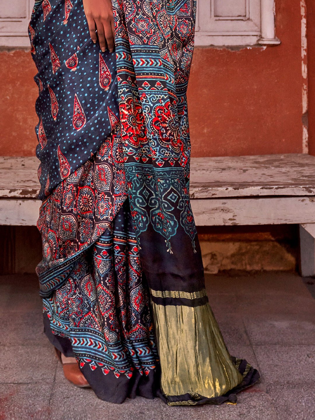 Greyish Blue Silk Blend Ajrakh Style Saree - Ressa