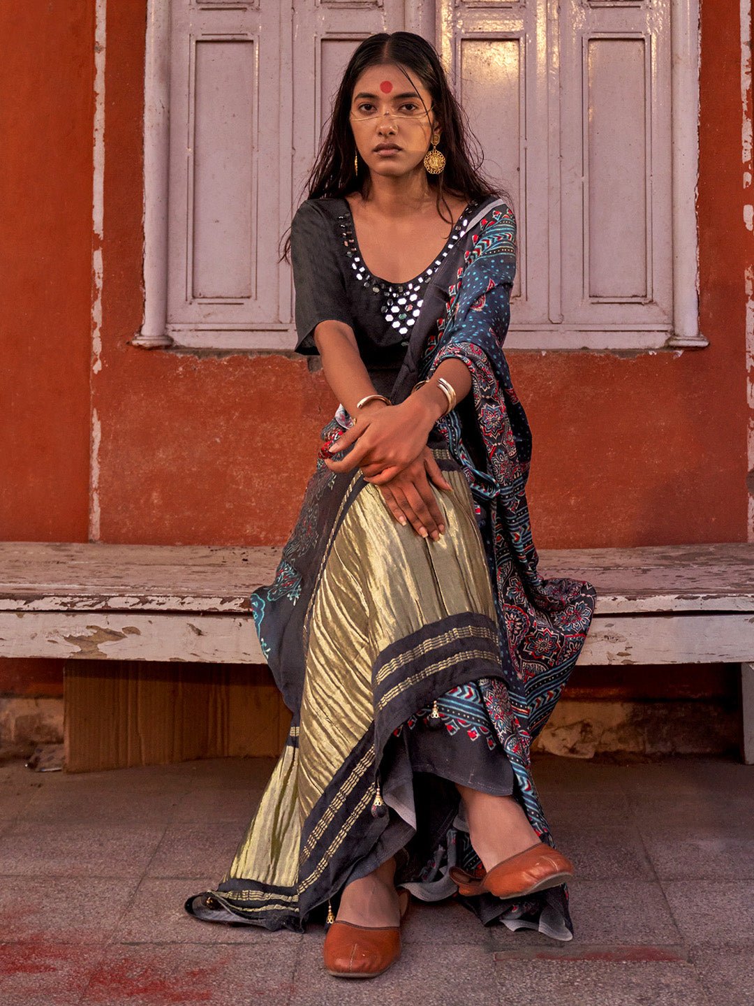 Greyish Blue Silk Blend Ajrakh Style Saree - Ressa