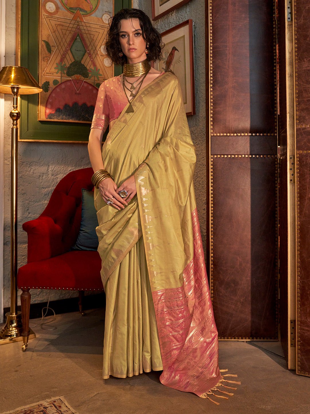 Heritage Golden Olive Banarasi Silk Blend Saree - Ressa