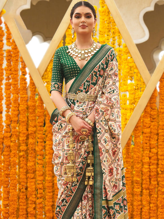 Heritage Maroon, Off-White, Cream, and Green Patola Silk Blend Saree - Ressa