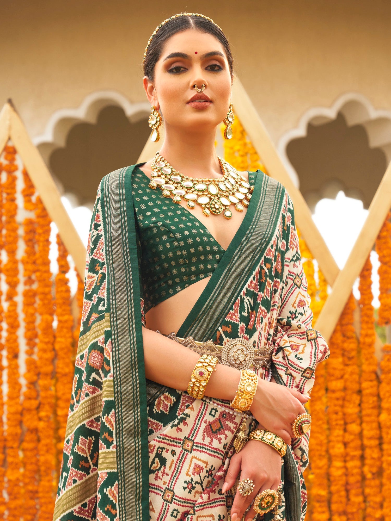 Heritage Maroon, Off-White, Cream, and Green Patola Silk Blend Saree - Ressa