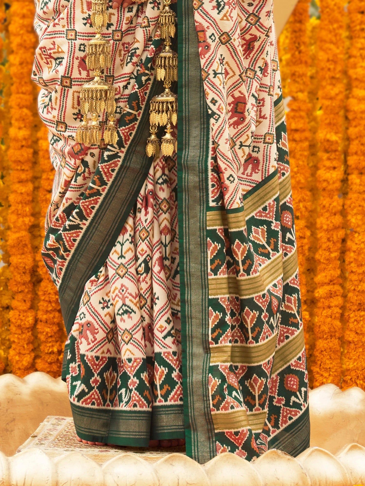 Heritage Maroon, Off-White, Cream, and Green Patola Silk Blend Saree - Ressa