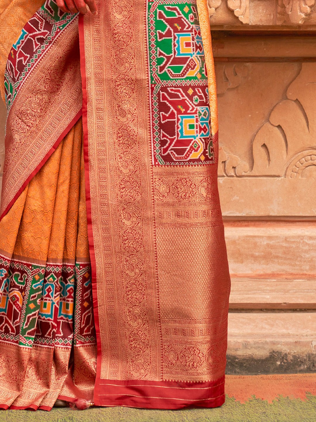 Heritage Mustard and Red Patola Silk Blend Saree - Ressa