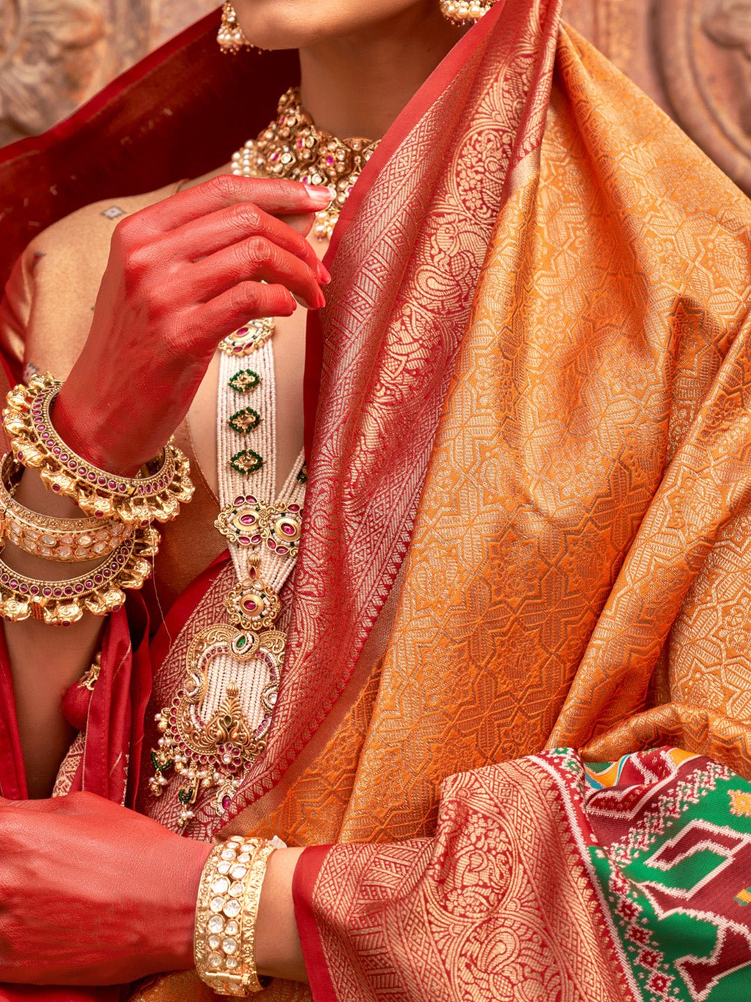 Heritage Mustard and Red Patola Silk Blend Saree - Ressa