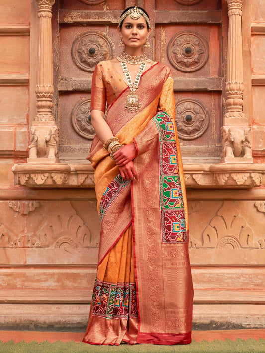 Heritage Mustard and Red Patola Silk Blend Saree - Ressa